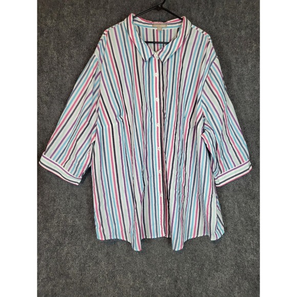 Woman Within 5X Button Front Striped Shirt Plus Size Blue Pink Purple Cotton - Picture 1 of 9